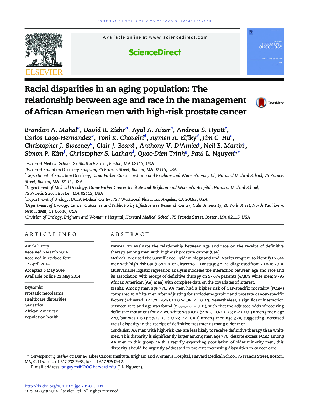 Racial disparities in an aging population: The relationship between age and race in the management of African American men with high-risk prostate cancer