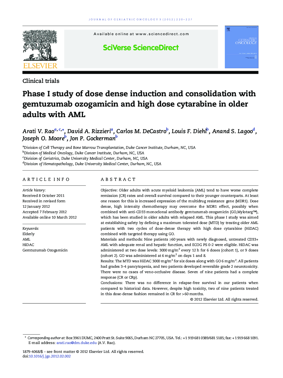 Phase I study of dose dense induction and consolidation with gemtuzumab ozogamicin and high dose cytarabine in older adults with AML