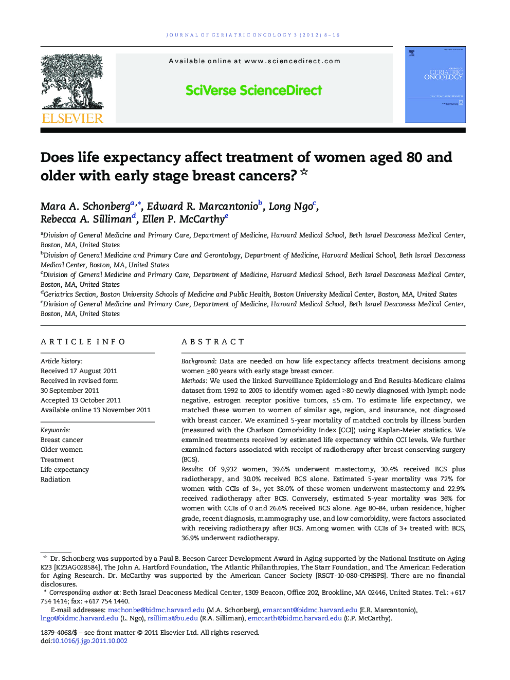 Does life expectancy affect treatment of women aged 80 and older with early stage breast cancers? 