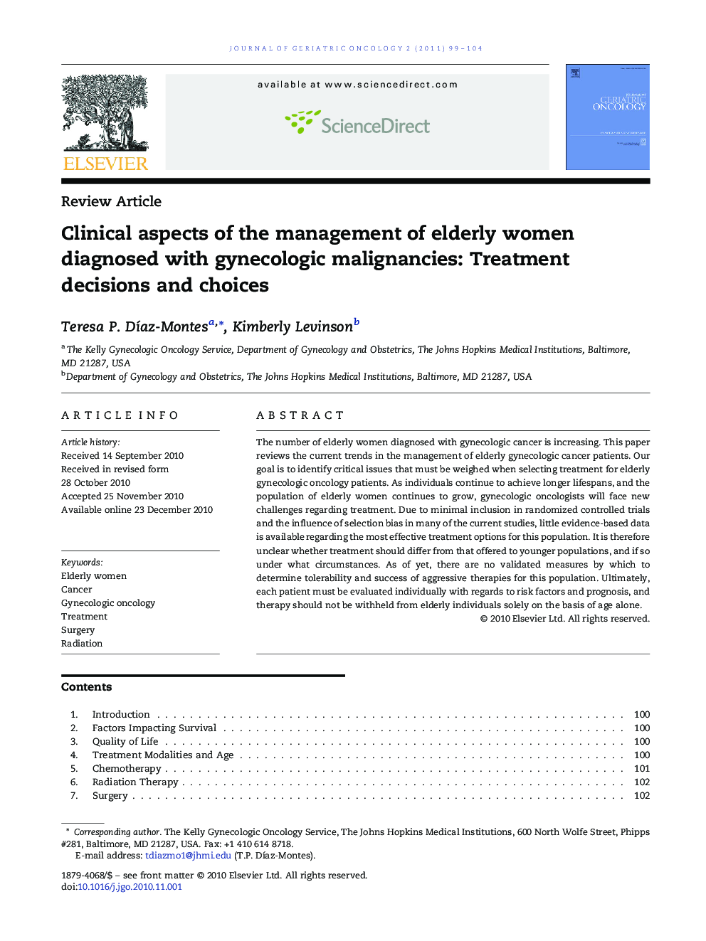 Clinical aspects of the management of elderly women diagnosed with gynecologic malignancies: Treatment decisions and choices