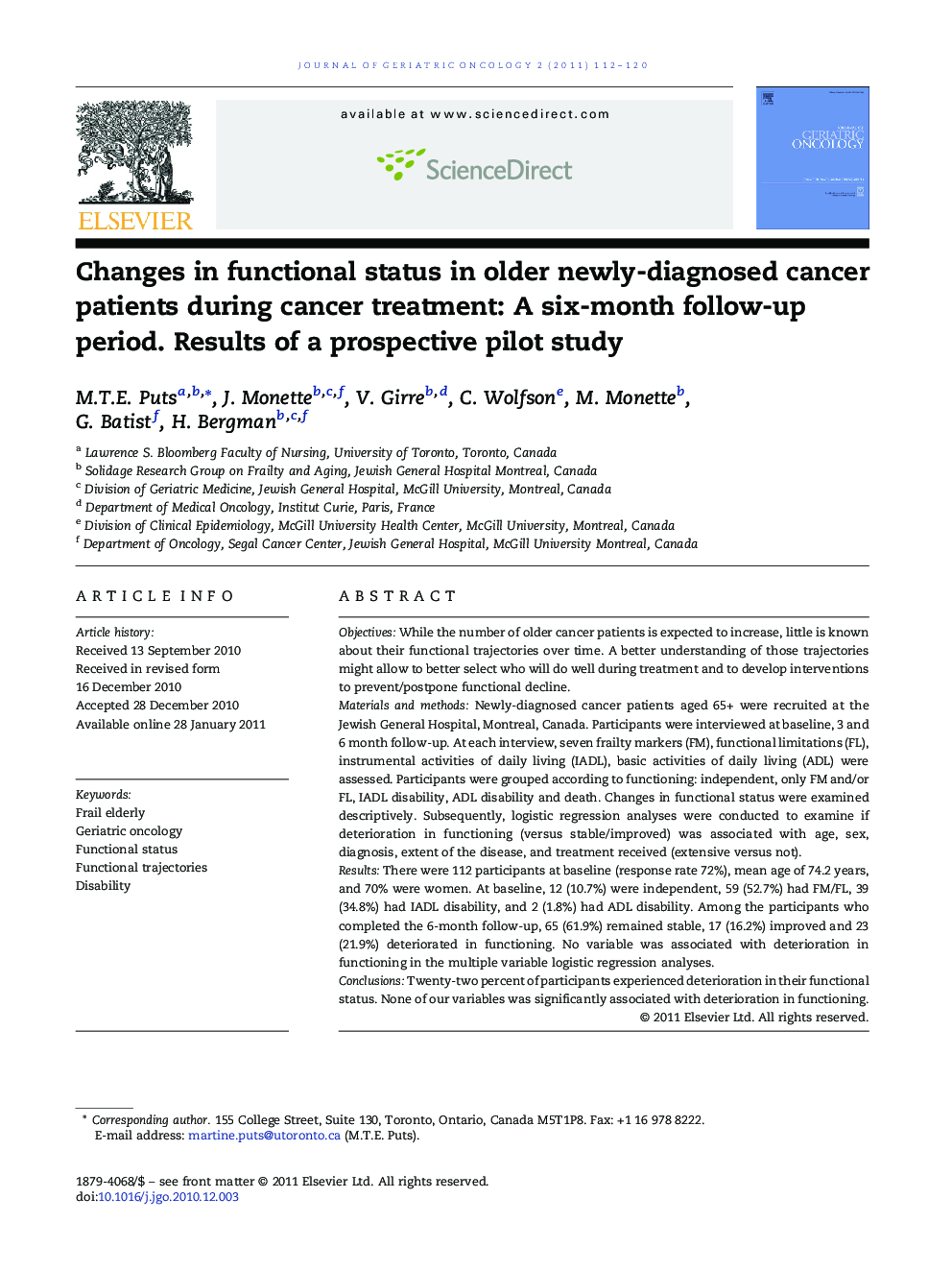 Changes in functional status in older newly-diagnosed cancer patients during cancer treatment: A six-month follow-up period. Results of a prospective pilot study