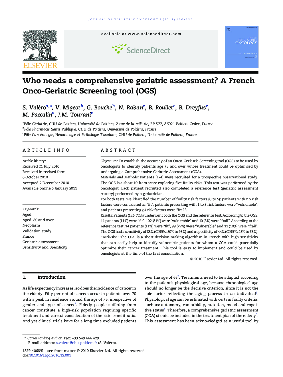 Who needs a comprehensive geriatric assessment? A French Onco-Geriatric Screening tool (OGS)