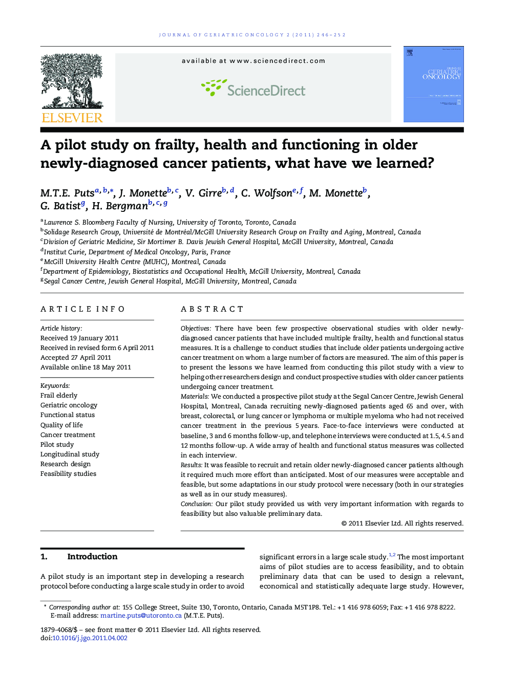 A pilot study on frailty, health and functioning in older newly-diagnosed cancer patients, what have we learned?