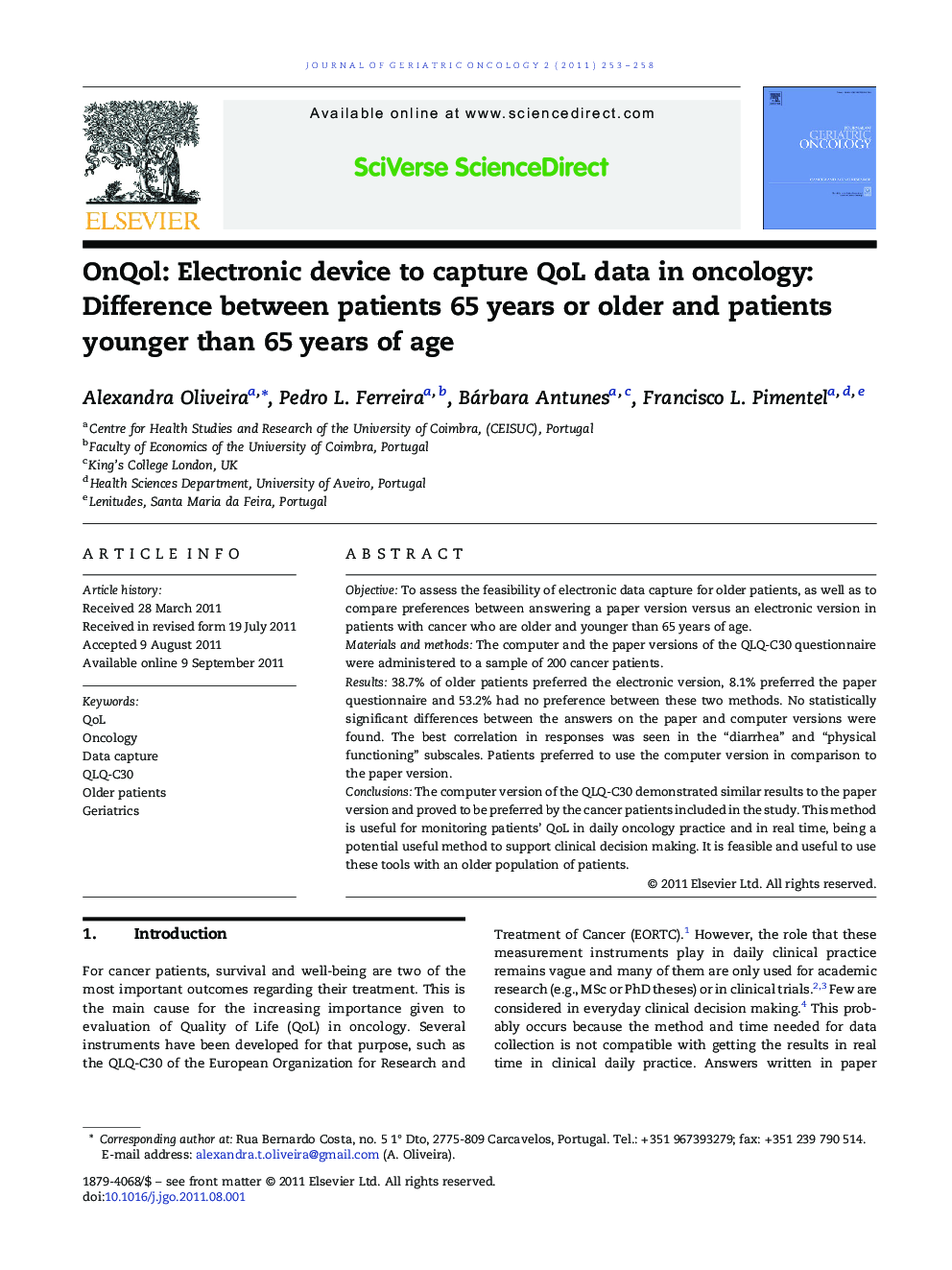 OnQol: Electronic device to capture QoL data in oncology: Difference between patients 65 years or older and patients younger than 65 years of age