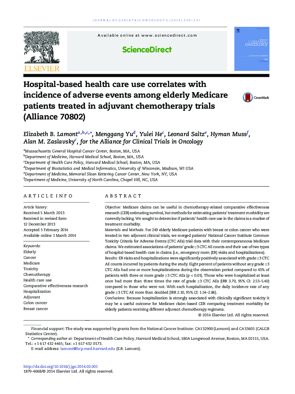 Hospital-based health care use correlates with incidence of adverse events among elderly Medicare patients treated in adjuvant chemotherapy trials (Alliance 70802) 