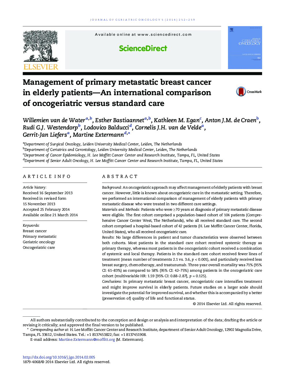 Management of primary metastatic breast cancer in elderly patients—An international comparison of oncogeriatric versus standard care 