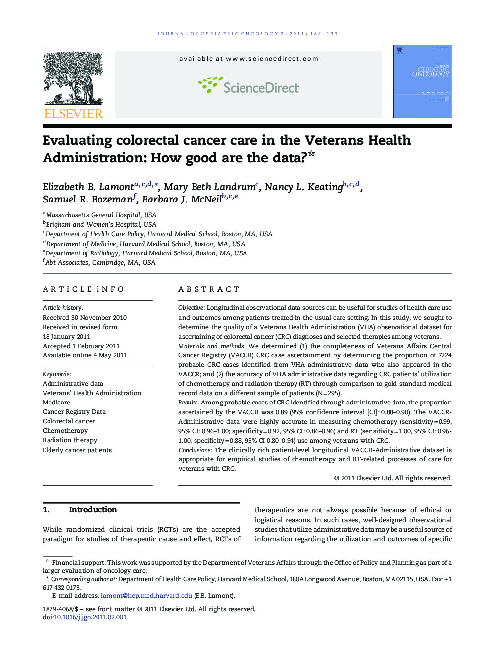 Evaluating colorectal cancer care in the Veterans Health Administration: How good are the data? 