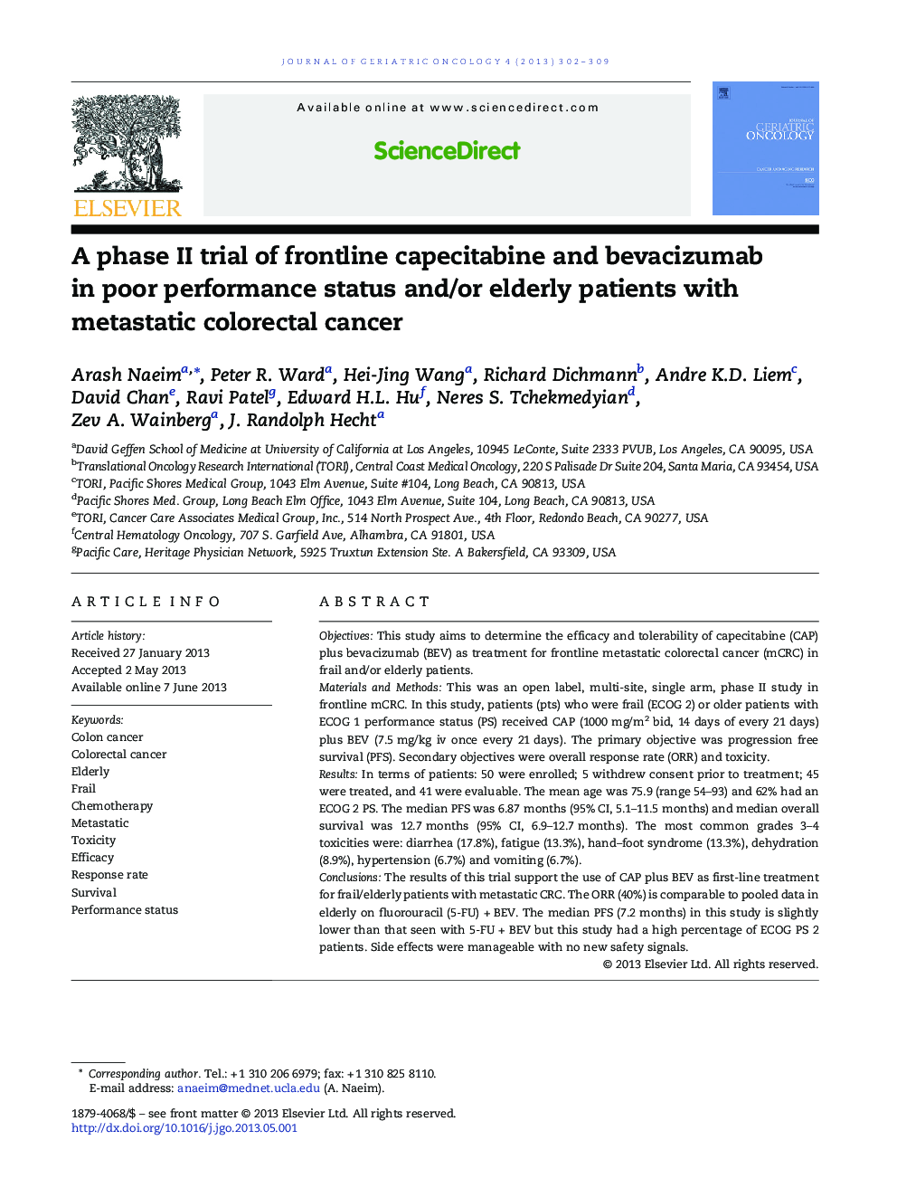 A phase II trial of frontline capecitabine and bevacizumab in poor performance status and/or elderly patients with metastatic colorectal cancer