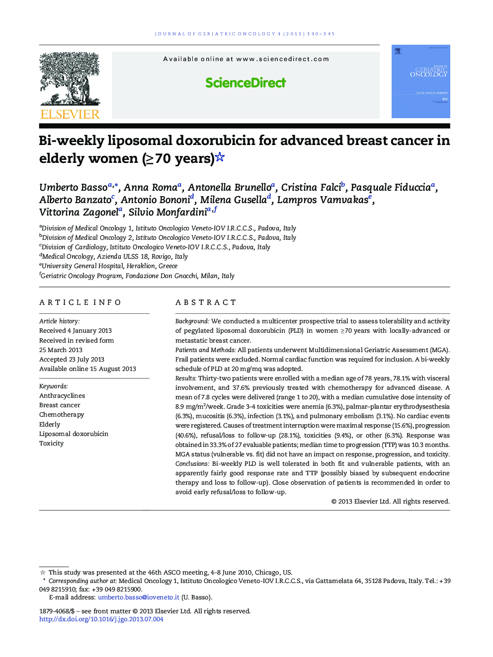 Bi-weekly liposomal doxorubicin for advanced breast cancer in elderly women (≥ 70 years) 