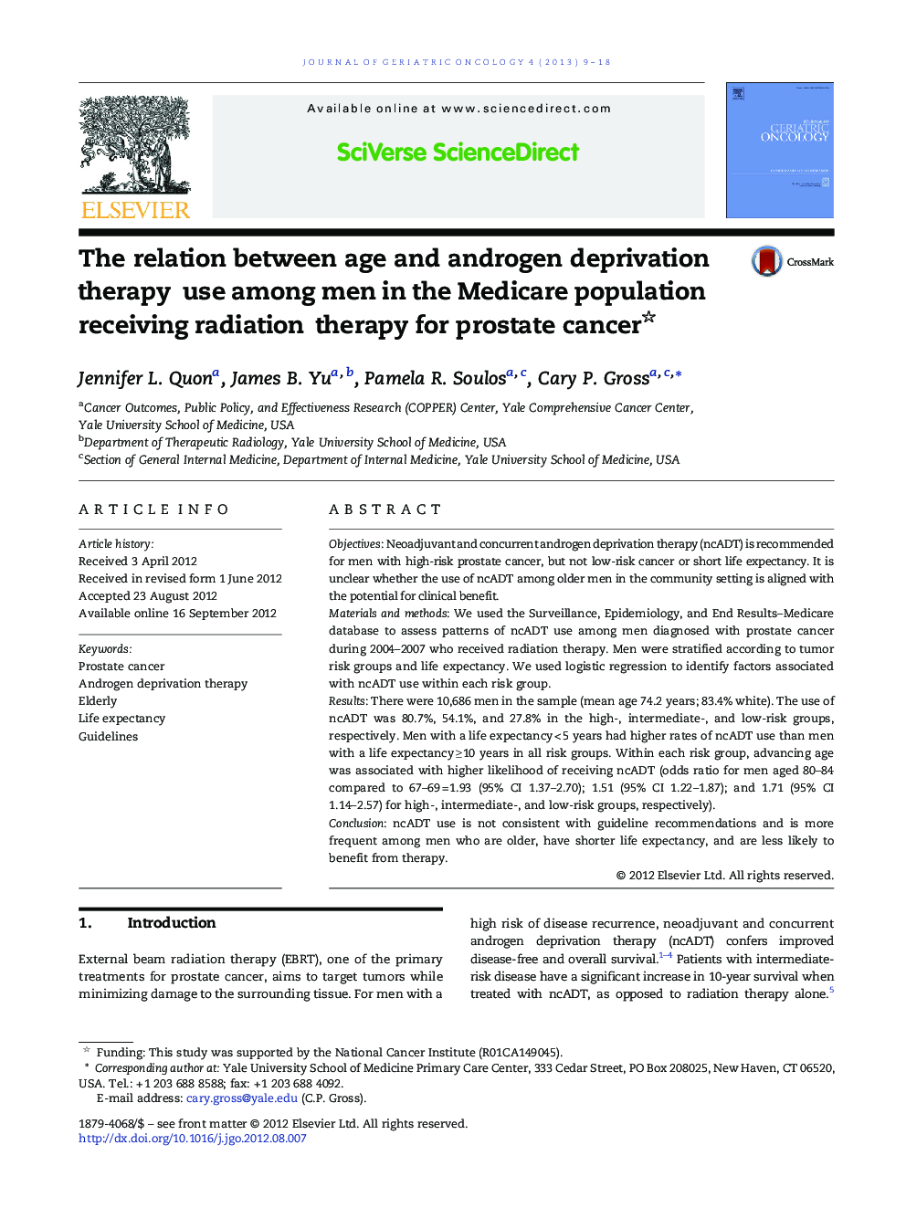 The relation between age and androgen deprivation therapy use among men in the Medicare population receiving radiation therapy for prostate cancer 