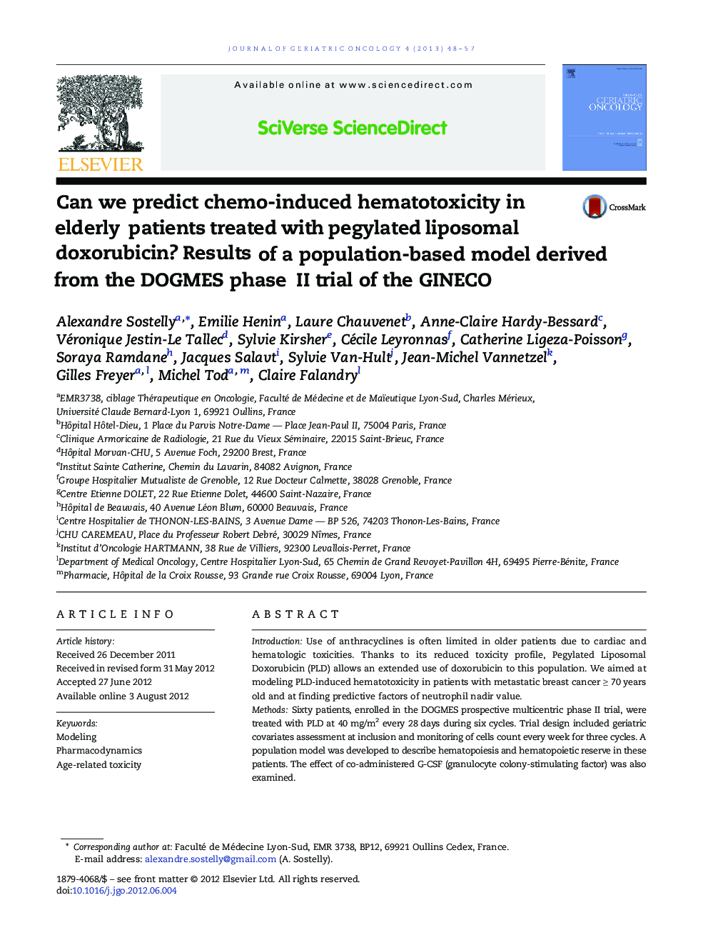 Can we predict chemo-induced hematotoxicity in elderly patients treated with pegylated liposomal doxorubicin? Results of a population-based model derived from the DOGMES phase II trial of the GINECO