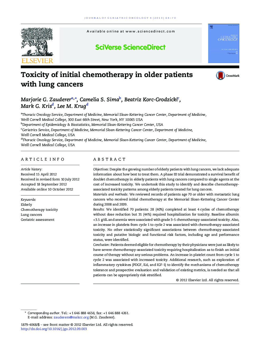 Toxicity of initial chemotherapy in older patients with lung cancers