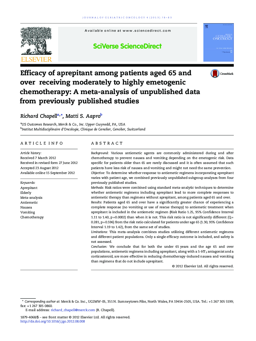 Efficacy of aprepitant among patients aged 65 and over receiving moderately to highly emetogenic chemotherapy: A meta-analysis of unpublished data from previously published studies