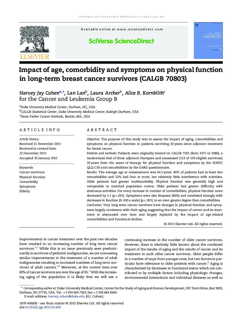 Impact of age, comorbidity and symptoms on physical function in long-term breast cancer survivors (CALGB 70803)