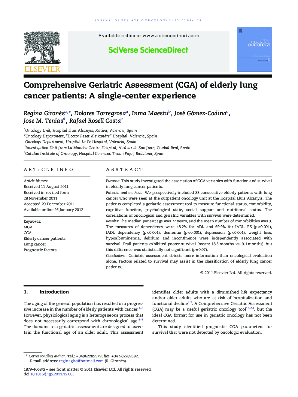 Comprehensive Geriatric Assessment (CGA) of elderly lung cancer patients: A single-center experience