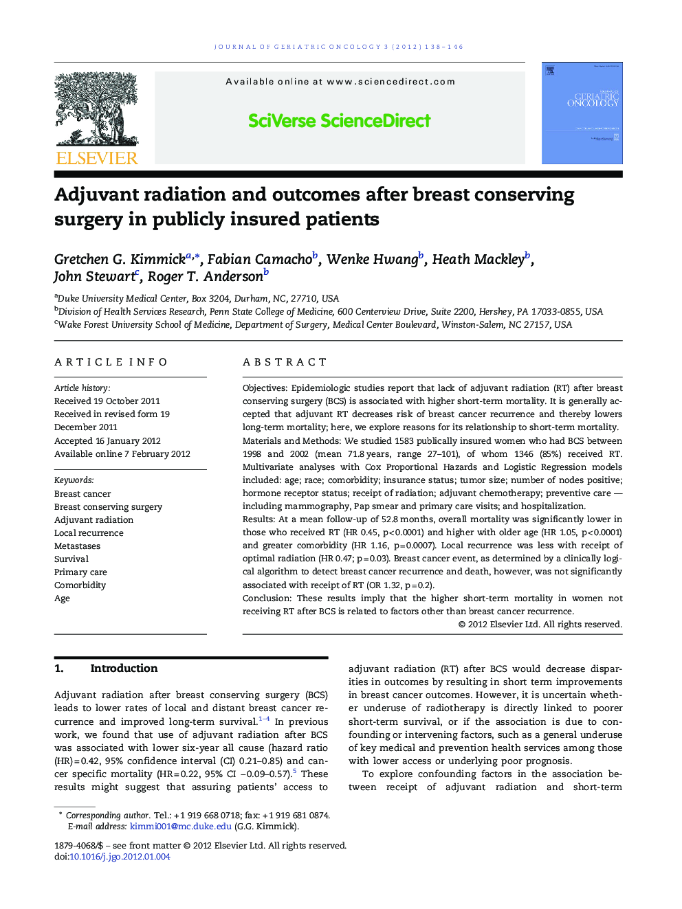 Adjuvant radiation and outcomes after breast conserving surgery in publicly insured patients