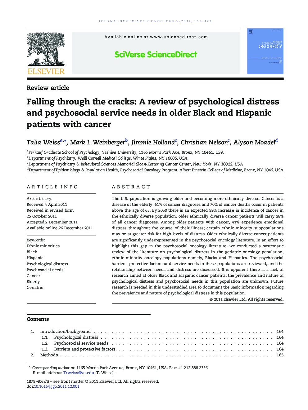 Falling through the cracks: A review of psychological distress and psychosocial service needs in older Black and Hispanic patients with cancer