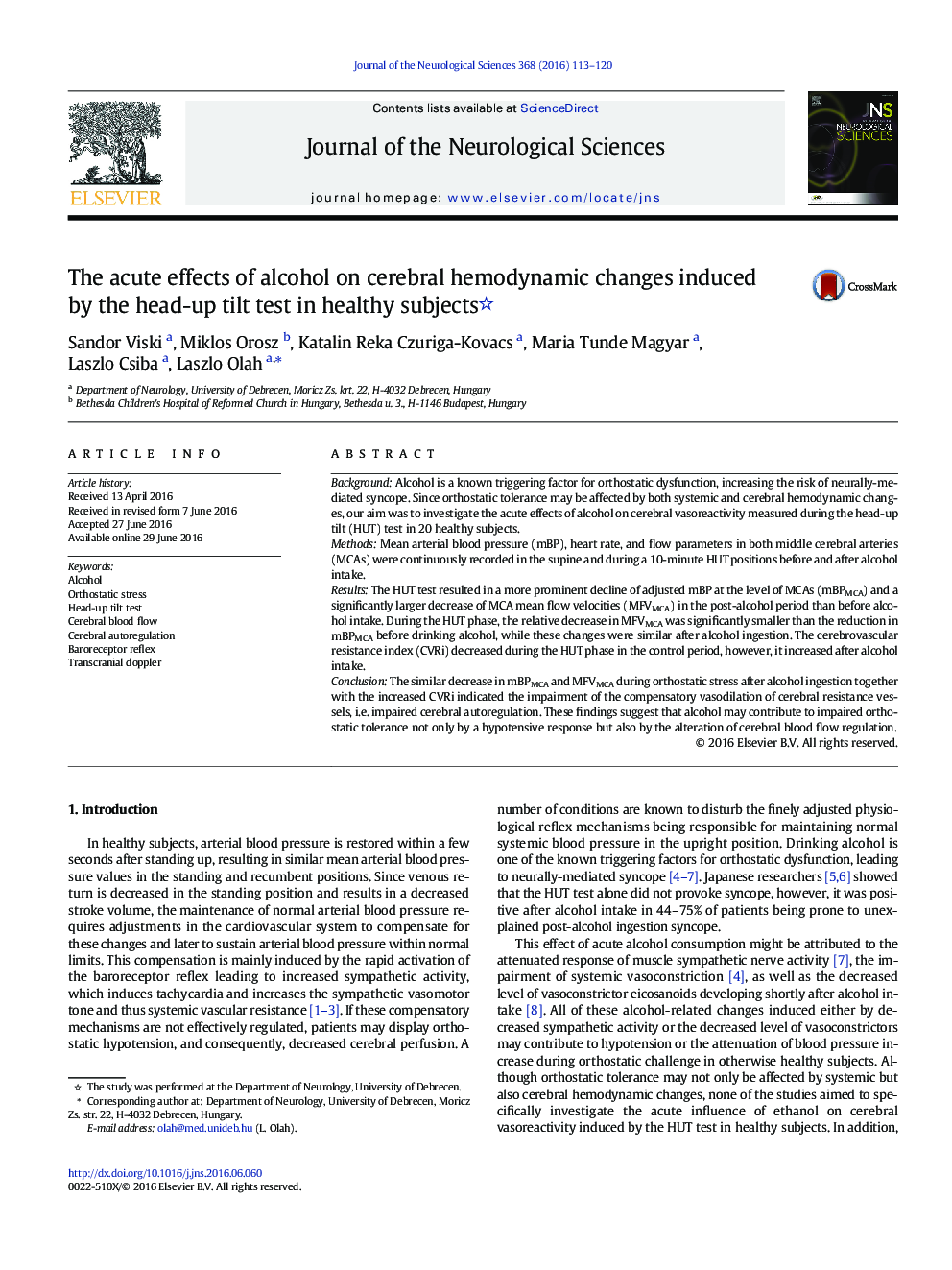 The acute effects of alcohol on cerebral hemodynamic changes induced by the head-up tilt test in healthy subjects 