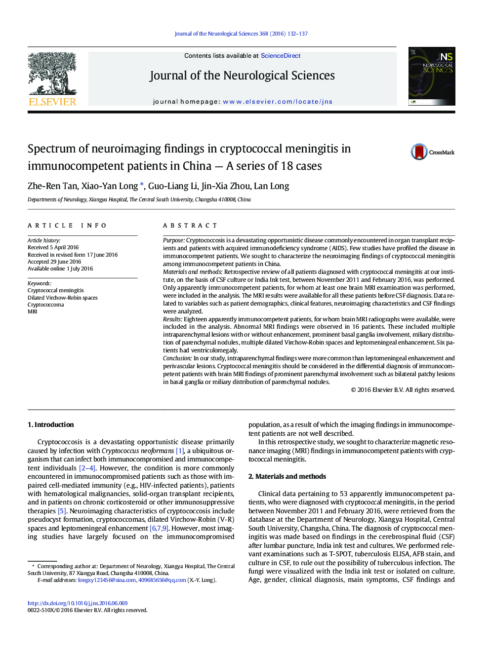 Spectrum of neuroimaging findings in cryptococcal meningitis in immunocompetent patients in China - A series of 18 cases