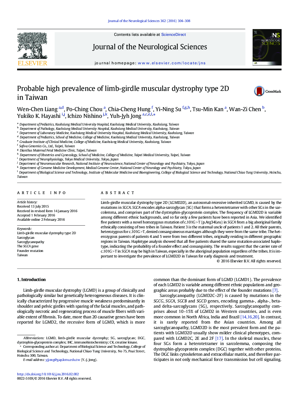 Probable high prevalence of limb-girdle muscular dystrophy type 2D in Taiwan