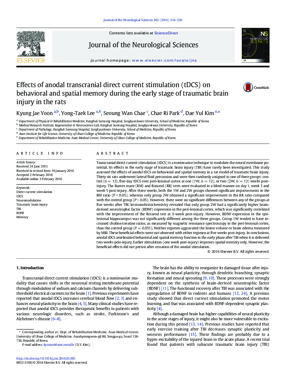 Effects of anodal transcranial direct current stimulation (tDCS) on behavioral and spatial memory during the early stage of traumatic brain injury in the rats