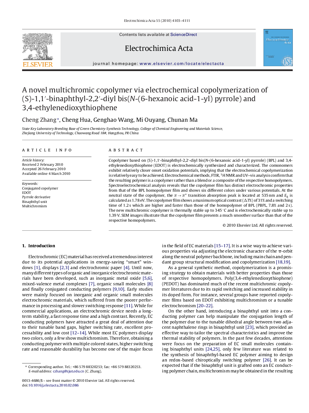 A novel multichromic copolymer via electrochemical copolymerization of (S)-1,1′-binaphthyl-2,2′-diyl bis(N-(6-hexanoic acid-1-yl) pyrrole) and 3,4-ethylenedioxythiophene