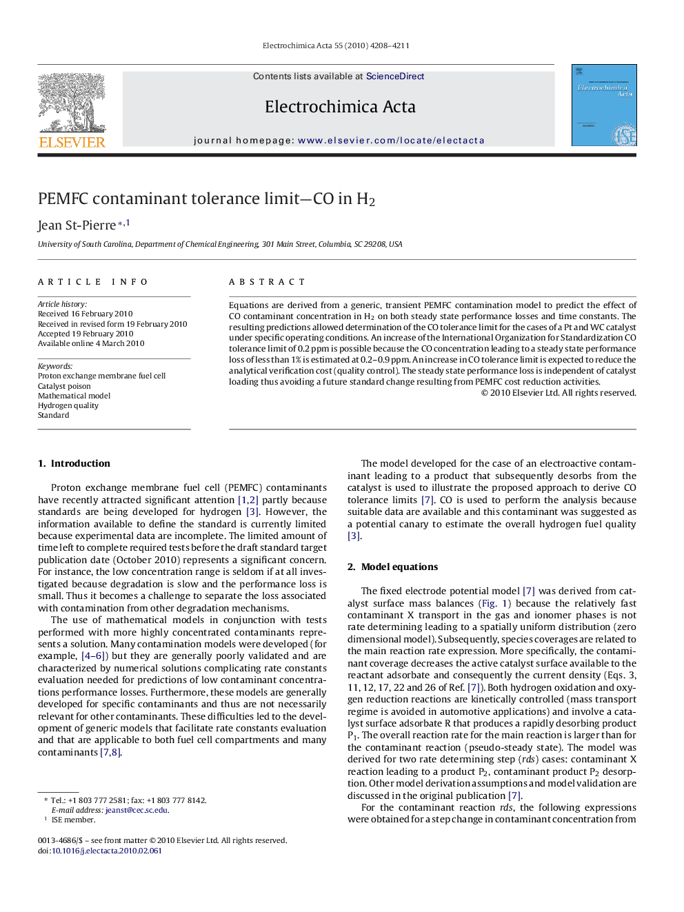 PEMFC contaminant tolerance limit—CO in H2