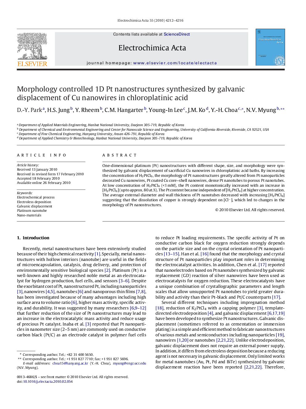 Morphology controlled 1D Pt nanostructures synthesized by galvanic displacement of Cu nanowires in chloroplatinic acid