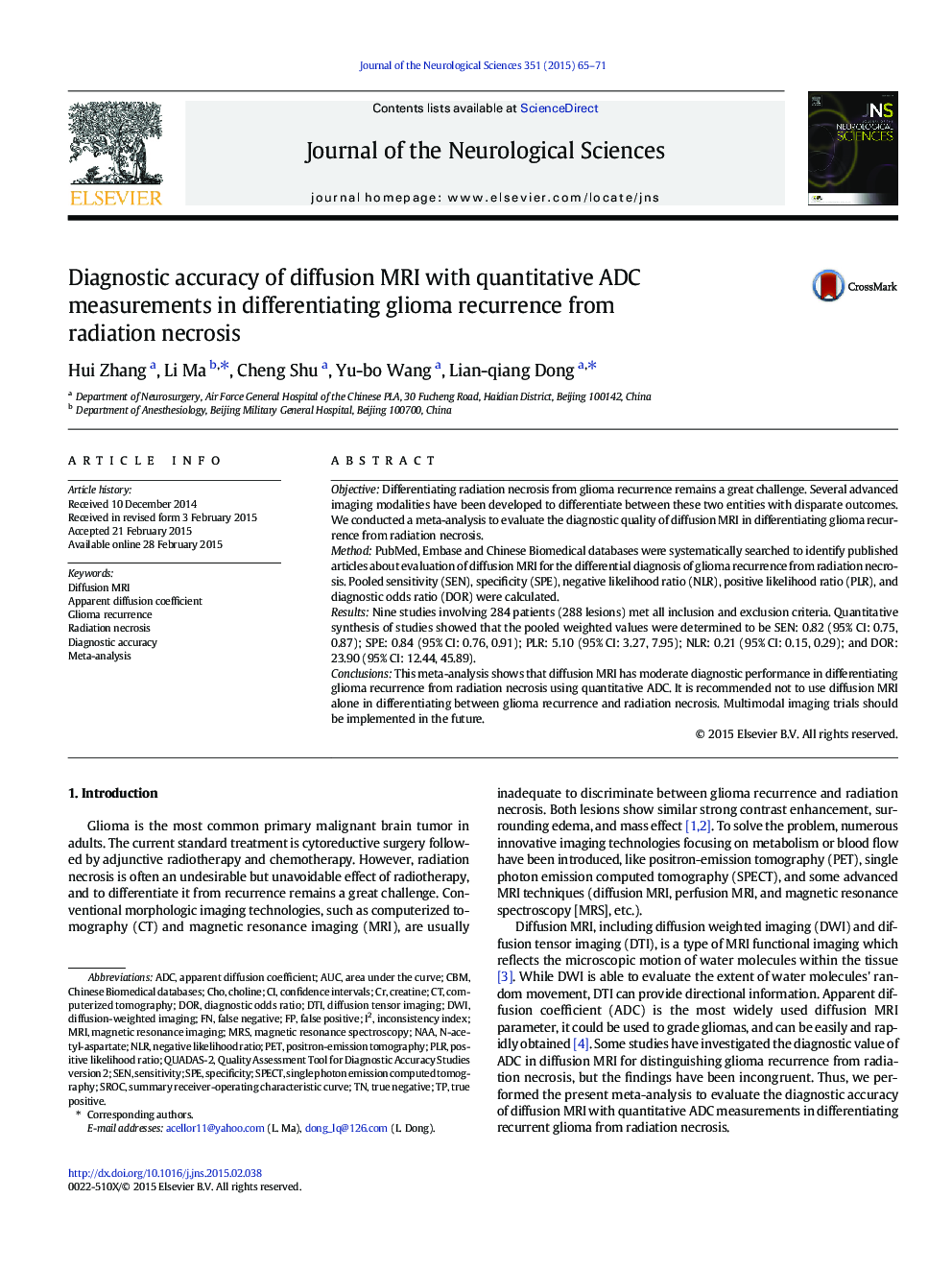 Diagnostic accuracy of diffusion MRI with quantitative ADC measurements in differentiating glioma recurrence from radiation necrosis