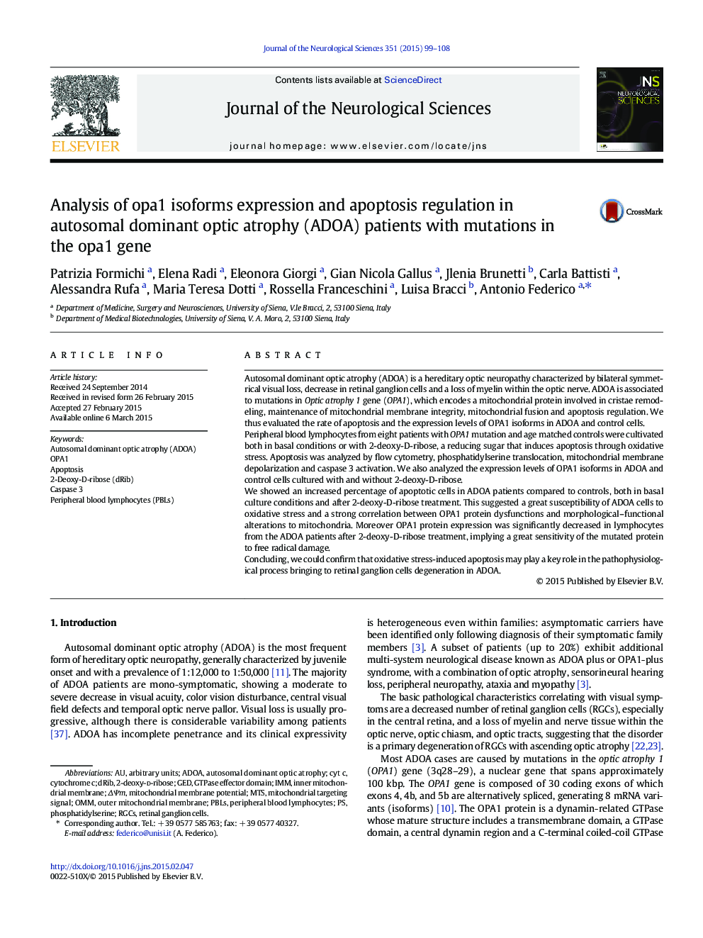 Analysis of opa1 isoforms expression and apoptosis regulation in autosomal dominant optic atrophy (ADOA) patients with mutations in the opa1 gene