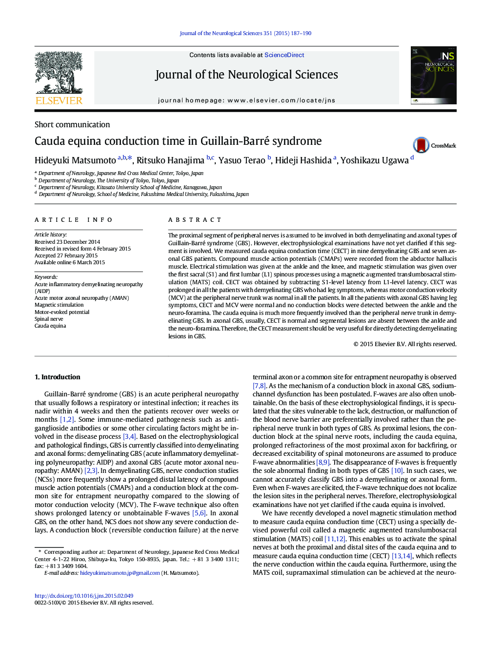 Cauda equina conduction time in Guillain-Barré syndrome