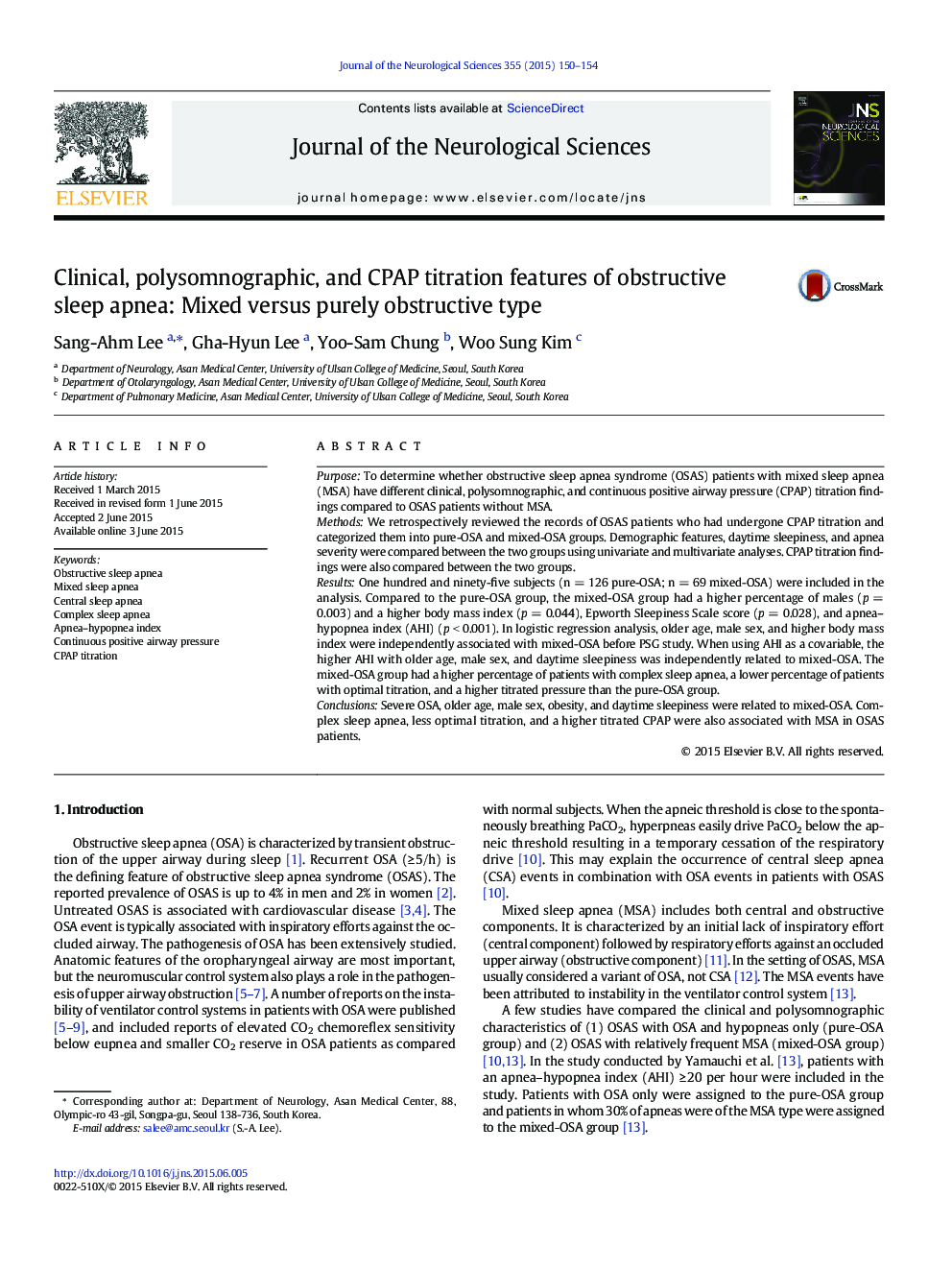 Clinical, polysomnographic, and CPAP titration features of obstructive sleep apnea: Mixed versus purely obstructive type