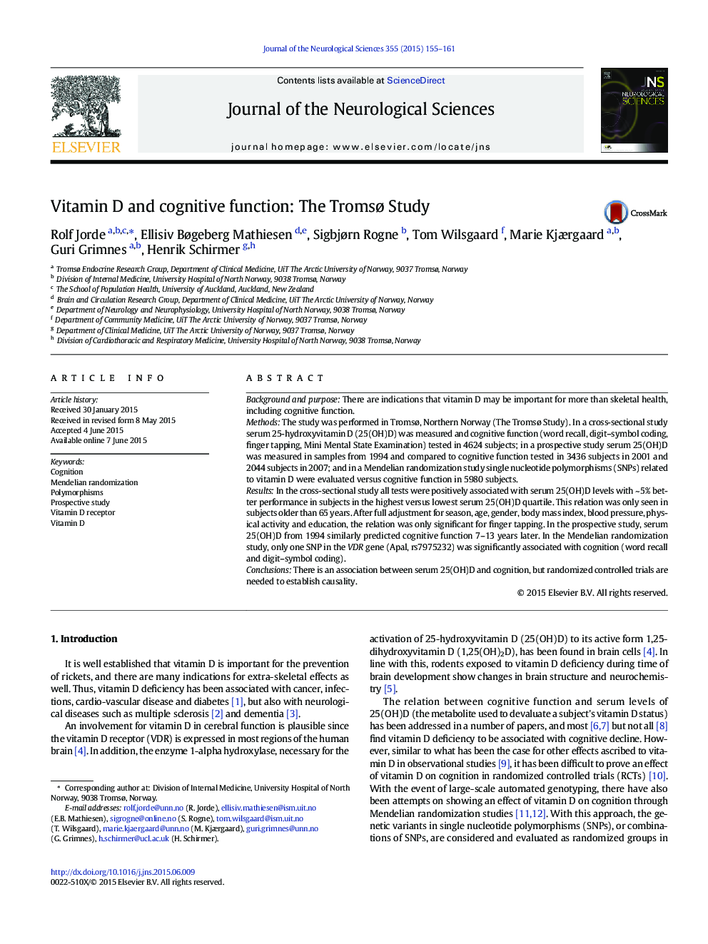 Vitamin D and cognitive function: The Tromsø Study