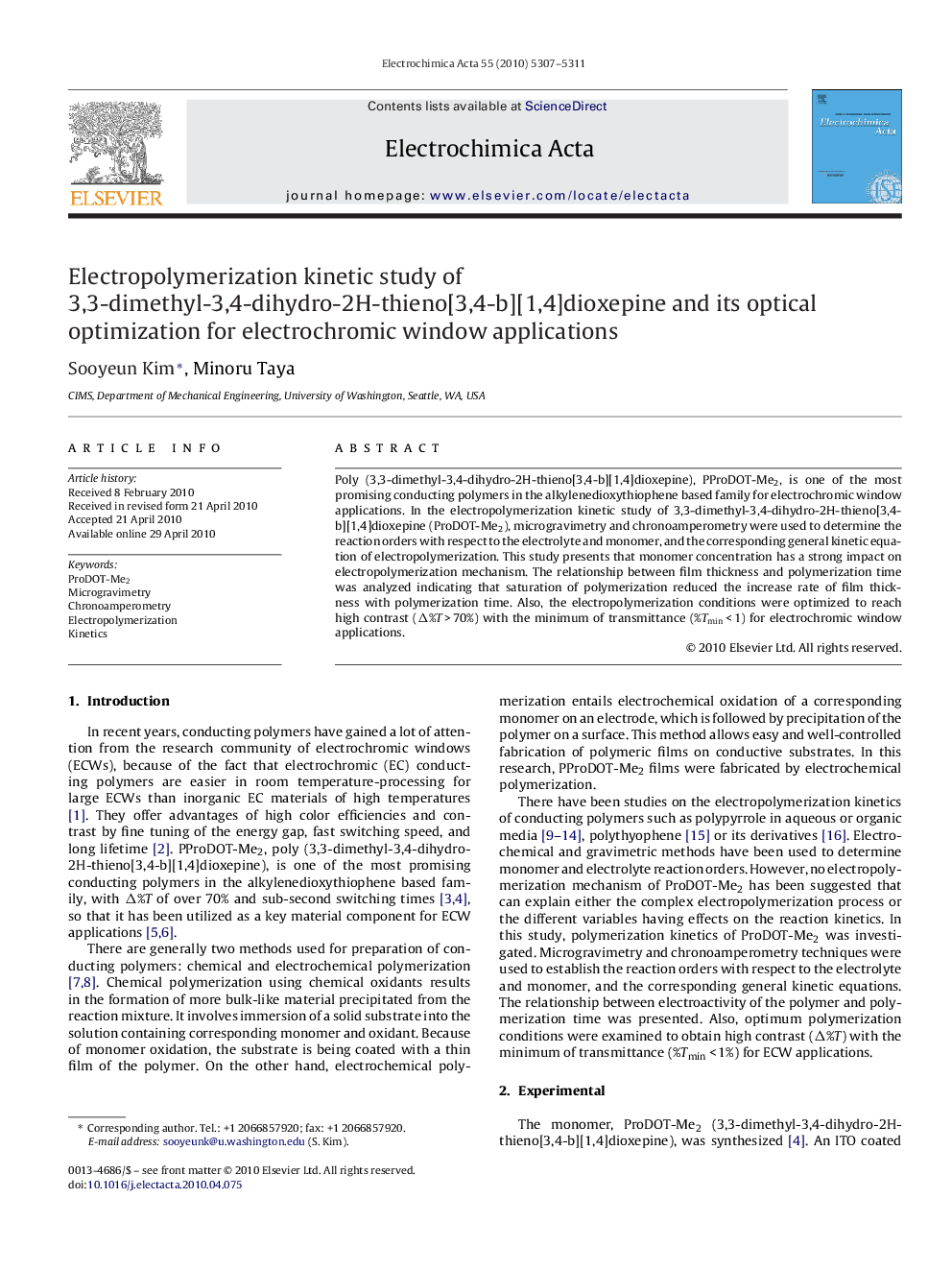 Electropolymerization kinetic study of 3,3-dimethyl-3,4-dihydro-2H-thieno[3,4-b][1,4]dioxepine and its optical optimization for electrochromic window applications