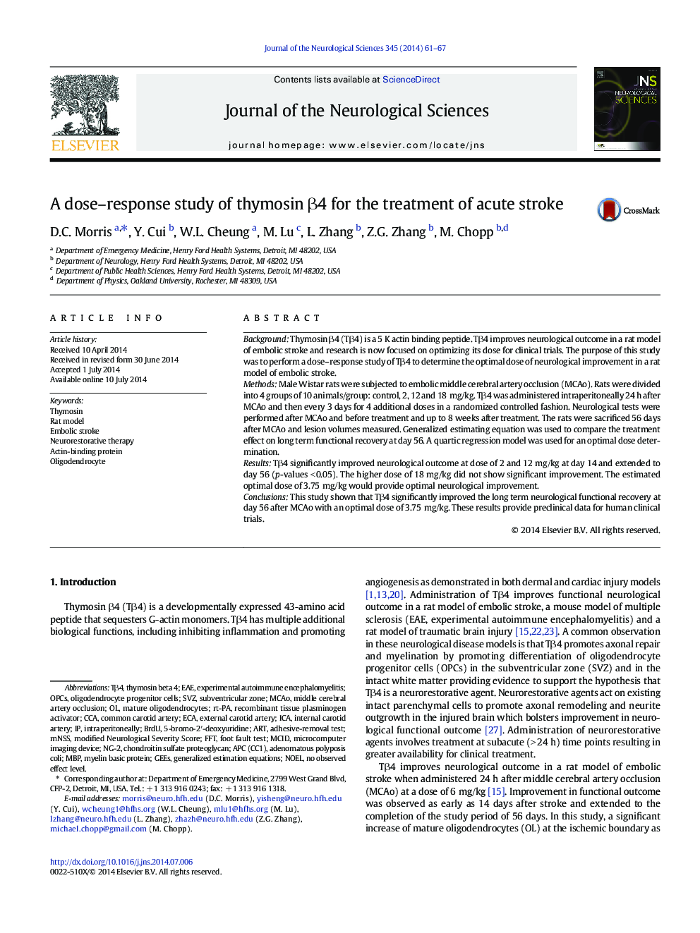 A dose–response study of thymosin β4 for the treatment of acute stroke