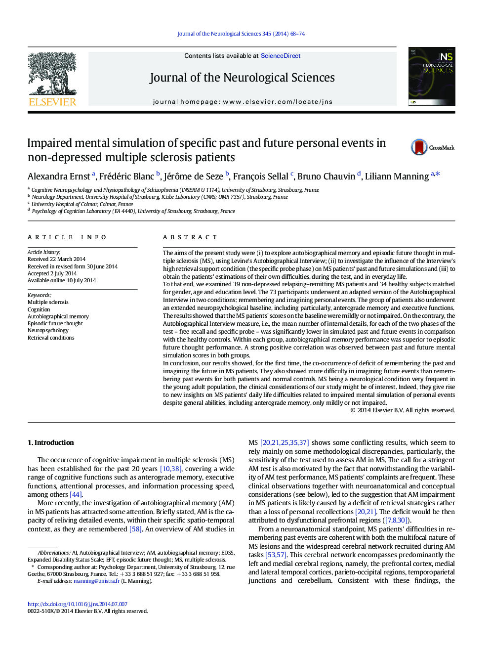 Impaired mental simulation of specific past and future personal events in non-depressed multiple sclerosis patients