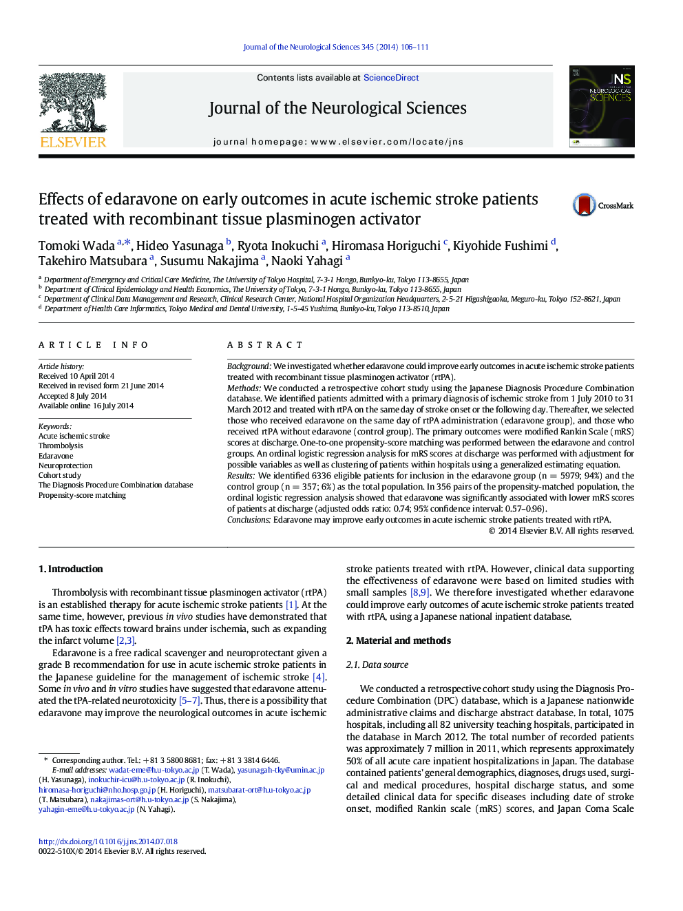 Effects of edaravone on early outcomes in acute ischemic stroke patients treated with recombinant tissue plasminogen activator