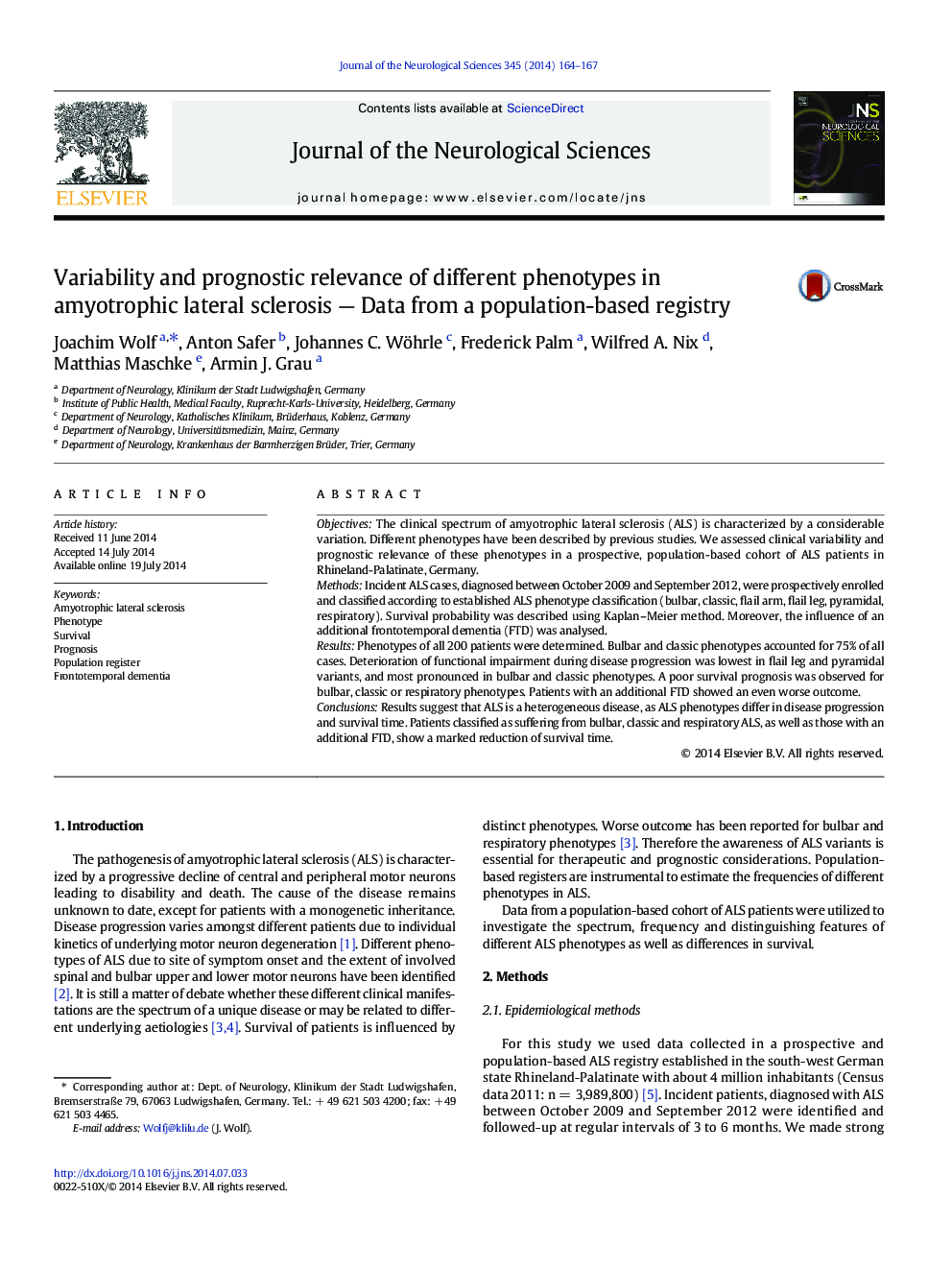 Variability and prognostic relevance of different phenotypes in amyotrophic lateral sclerosis — Data from a population-based registry