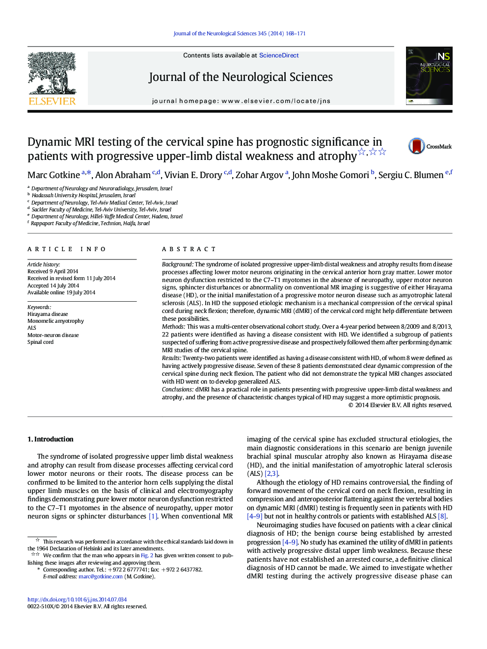 Dynamic MRI testing of the cervical spine has prognostic significance in patients with progressive upper-limb distal weakness and atrophy 