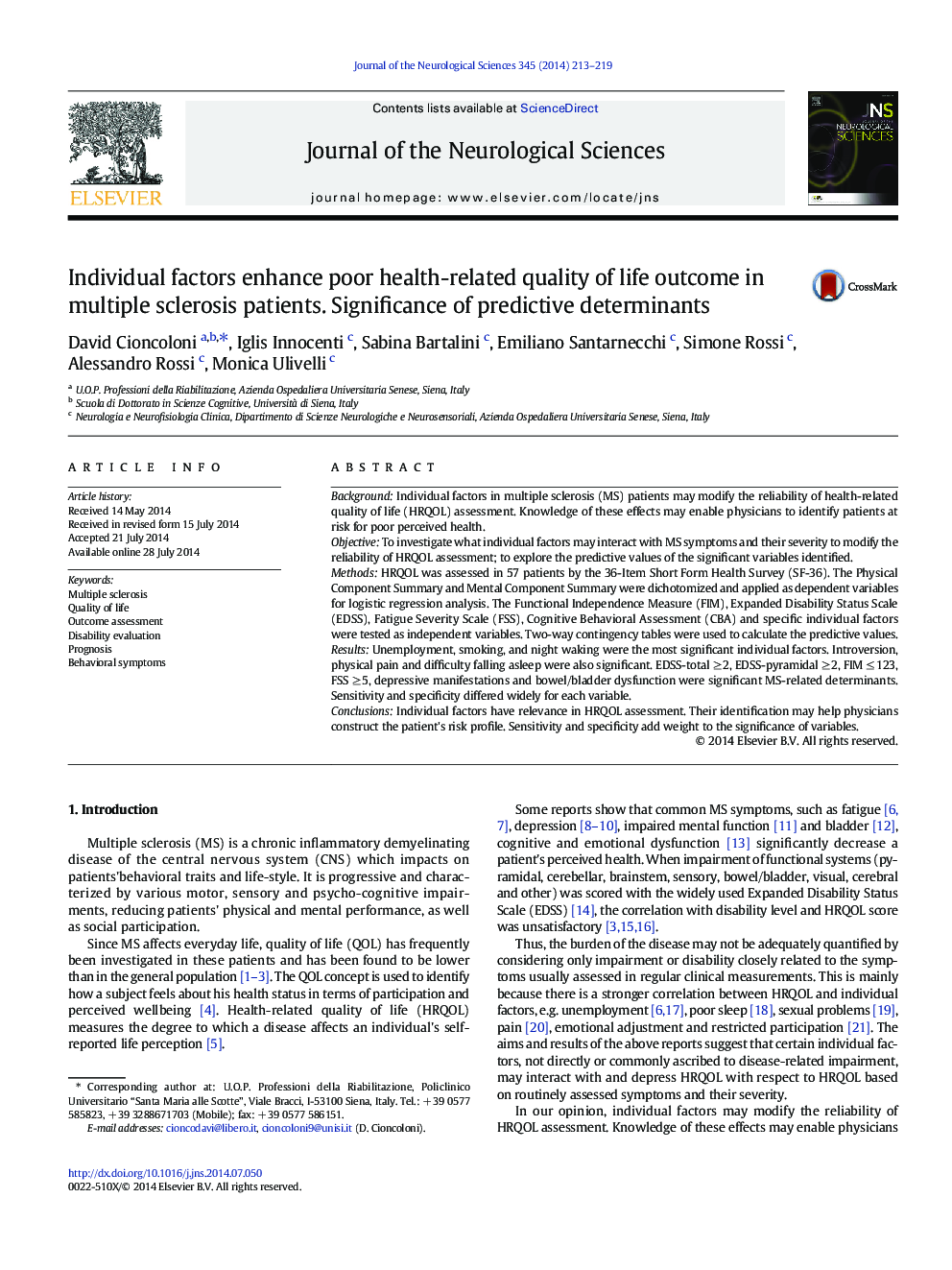 Individual factors enhance poor health-related quality of life outcome in multiple sclerosis patients. Significance of predictive determinants