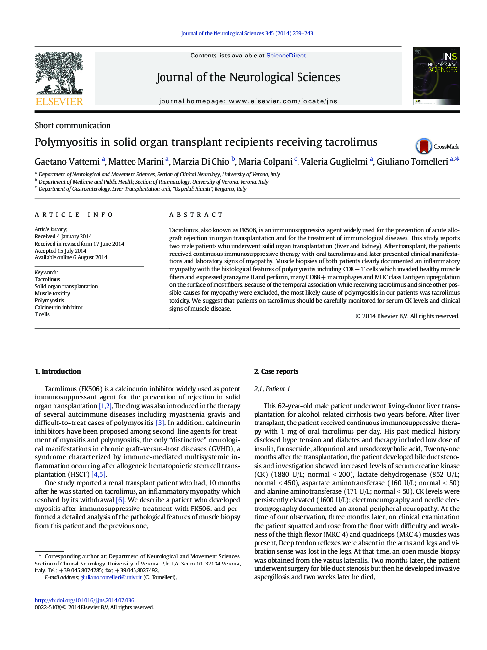 Polymyositis in solid organ transplant recipients receiving tacrolimus