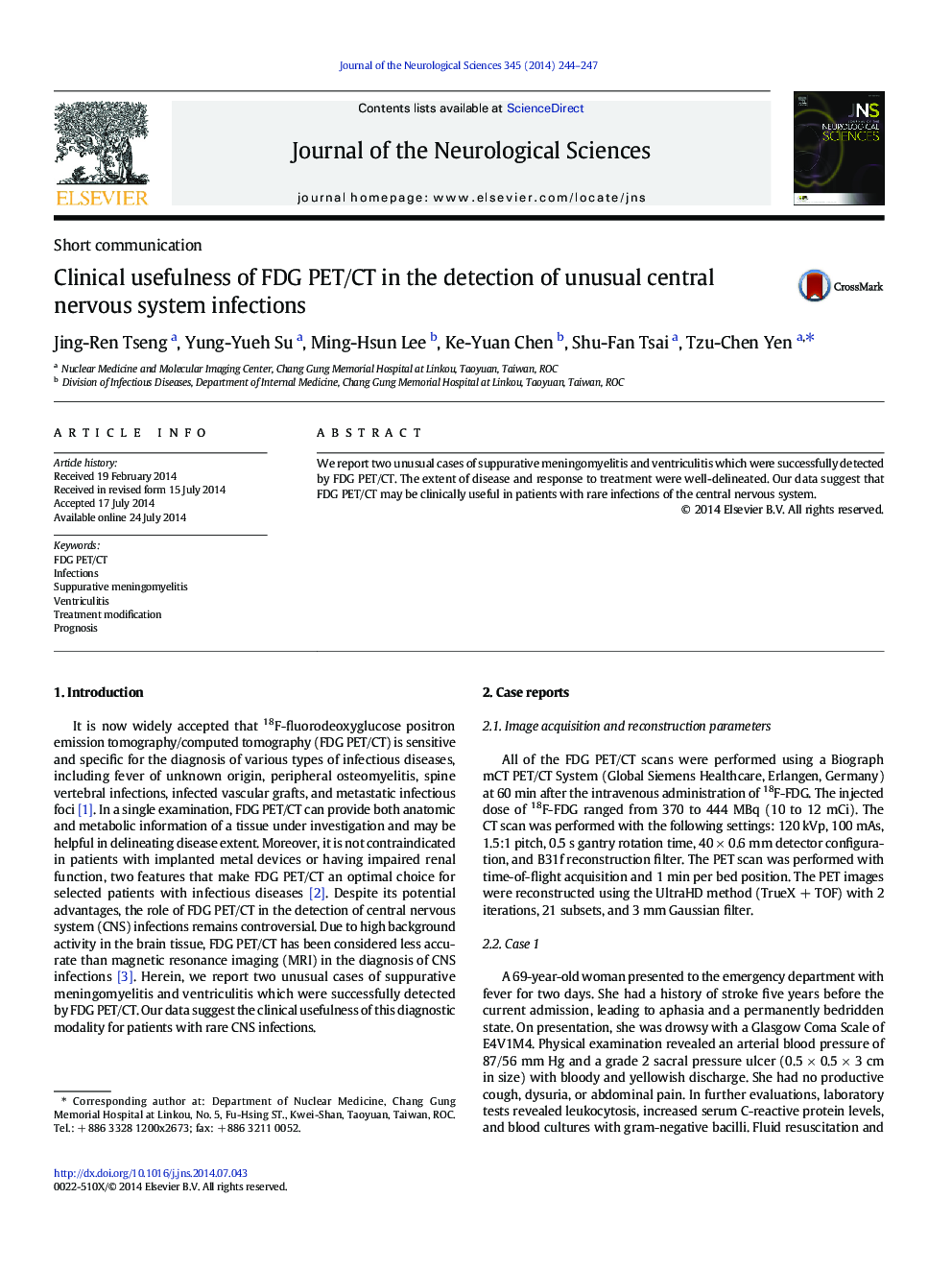 Clinical usefulness of FDG PET/CT in the detection of unusual central nervous system infections