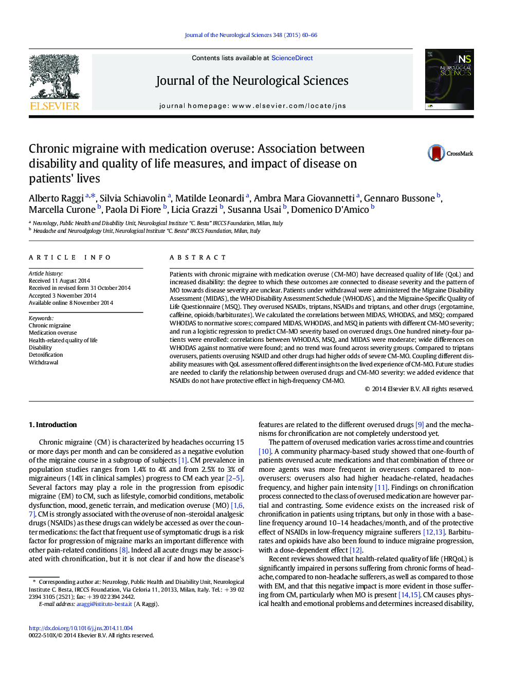 Chronic migraine with medication overuse: Association between disability and quality of life measures, and impact of disease on patients' lives