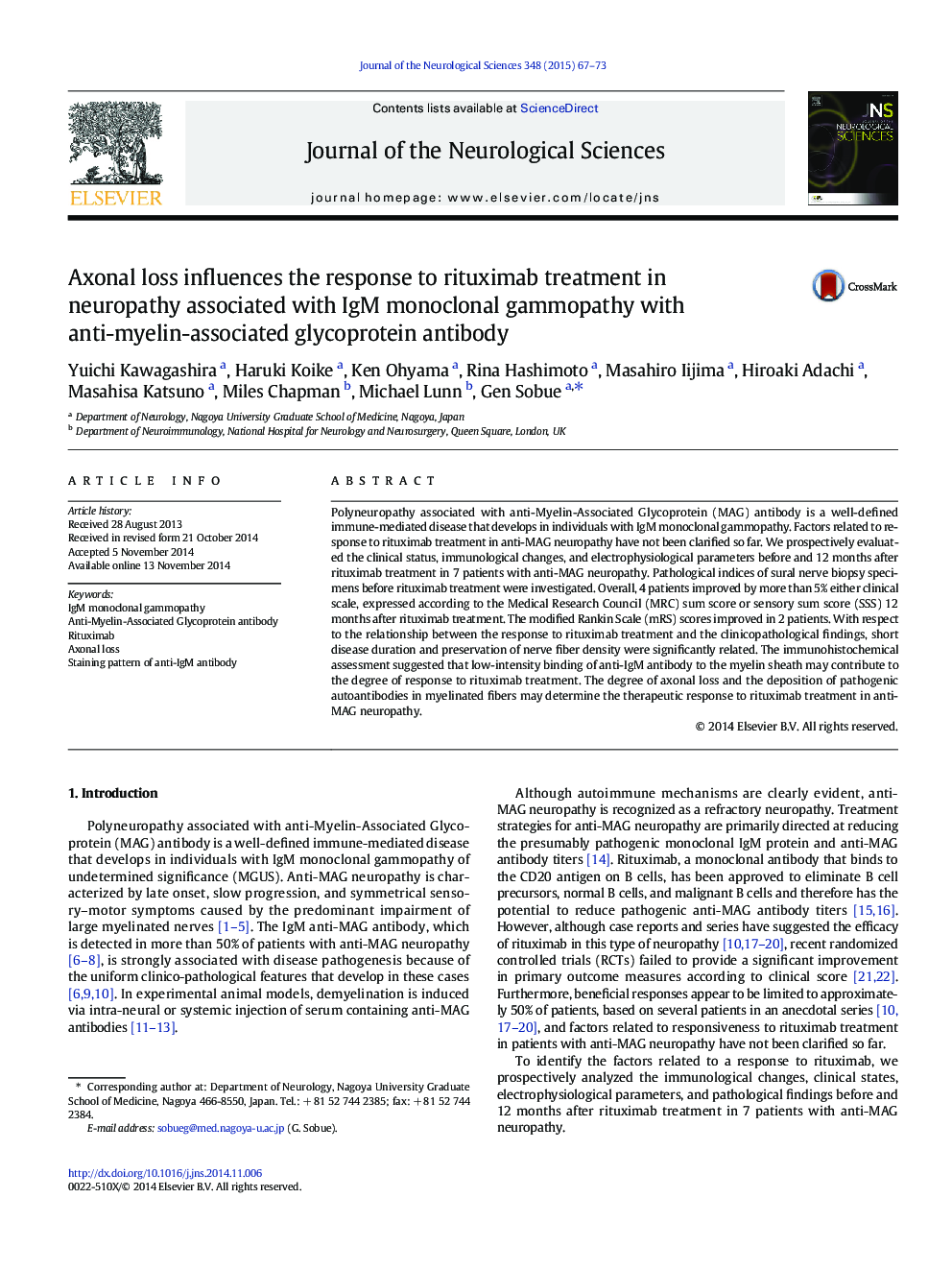 Axonal loss influences the response to rituximab treatment in neuropathy associated with IgM monoclonal gammopathy with anti-myelin-associated glycoprotein antibody