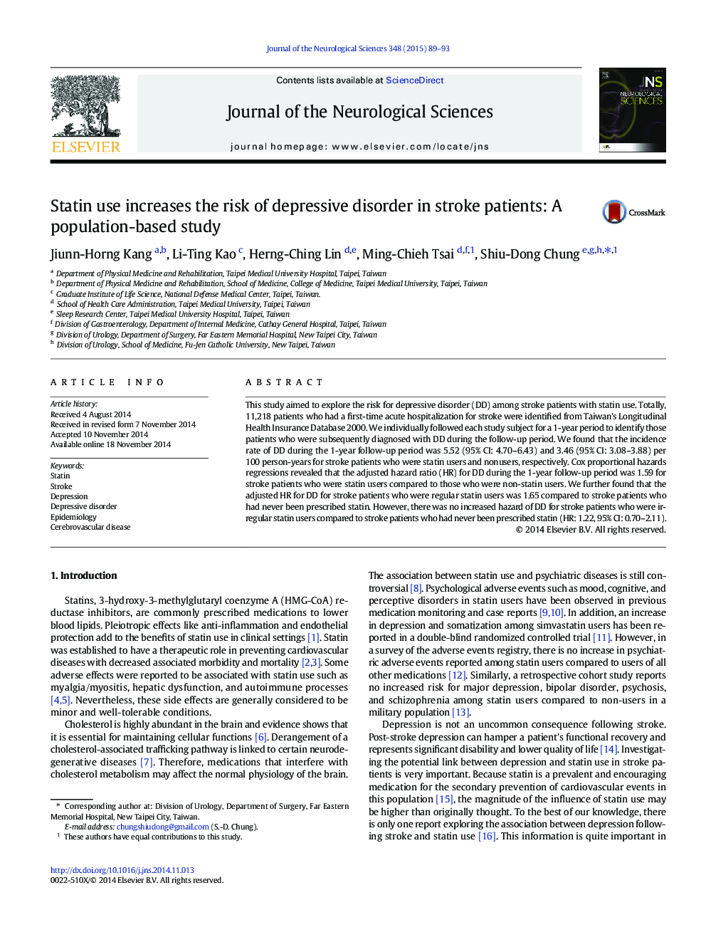 Statin use increases the risk of depressive disorder in stroke patients: A population-based study