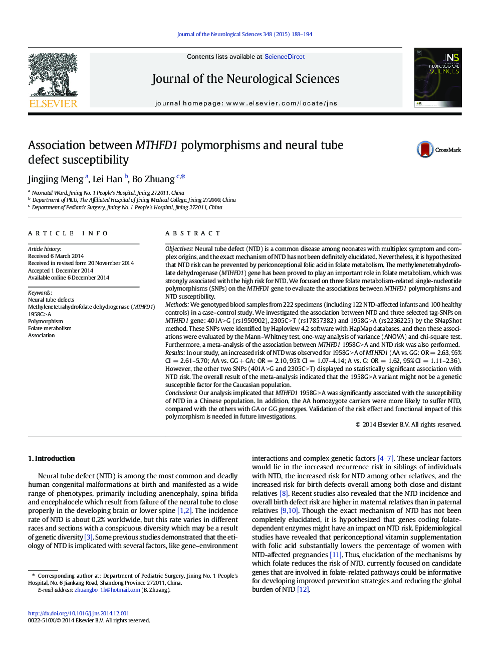 Association between MTHFD1 polymorphisms and neural tube defect susceptibility