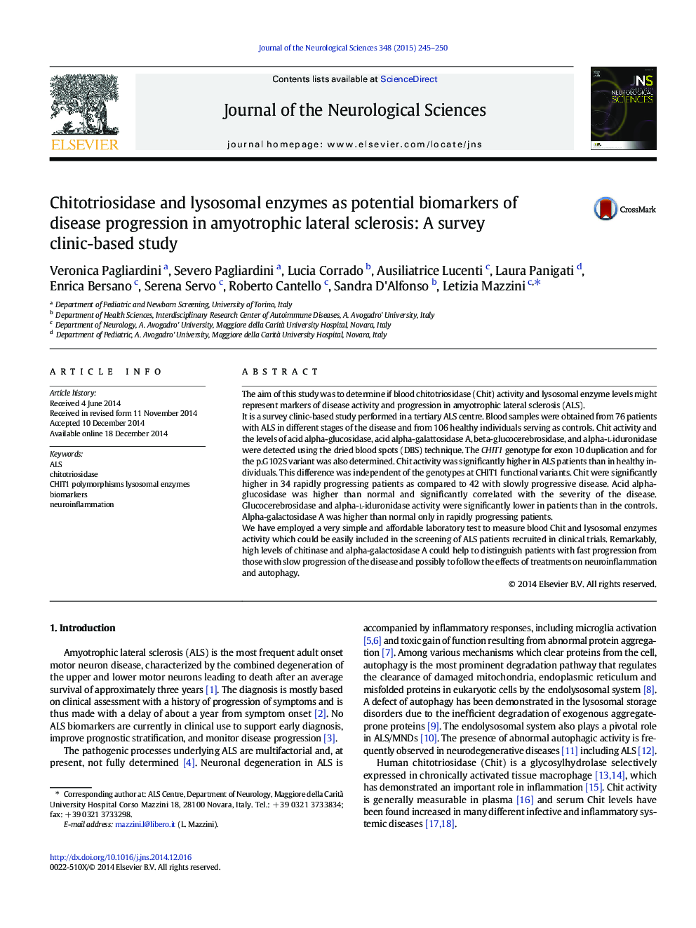 Chitotriosidase and lysosomal enzymes as potential biomarkers of disease progression in amyotrophic lateral sclerosis: A survey clinic-based study