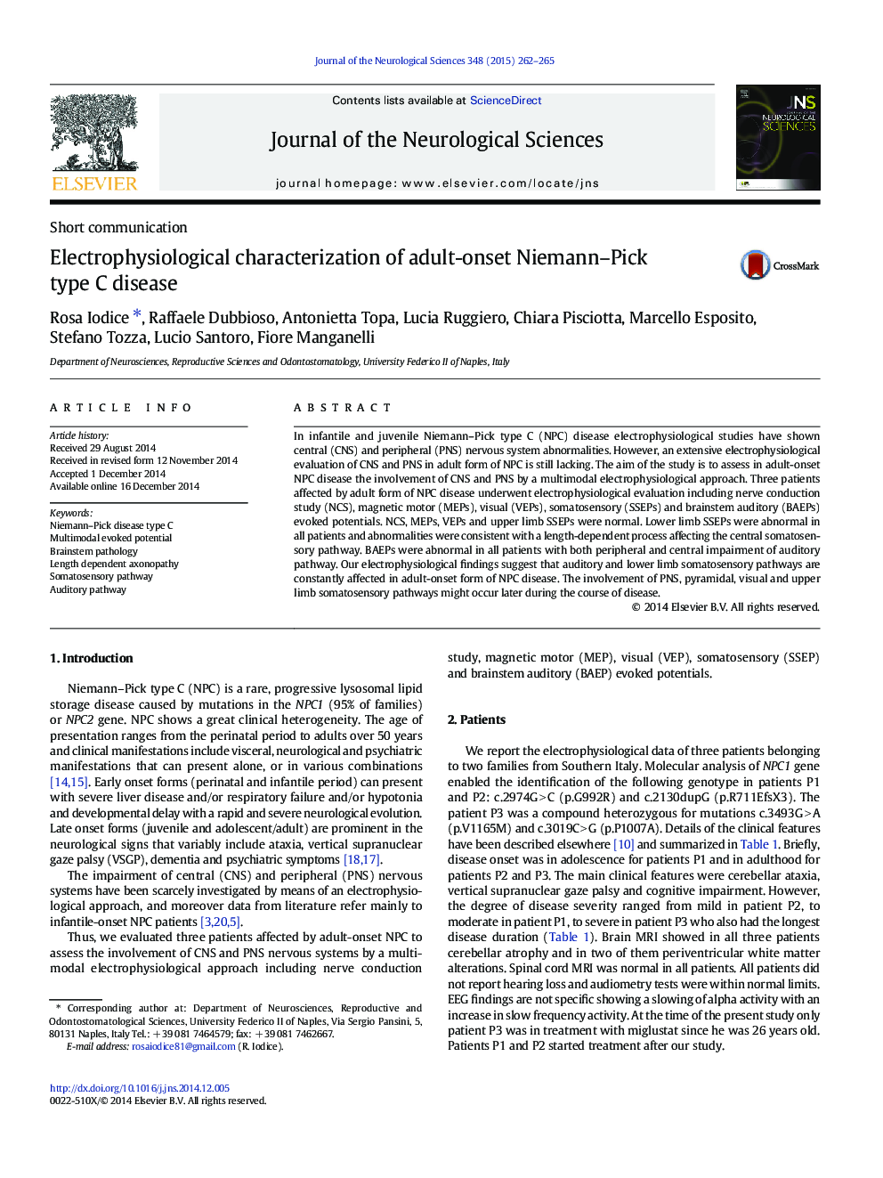 Electrophysiological characterization of adult-onset Niemann–Pick type C disease