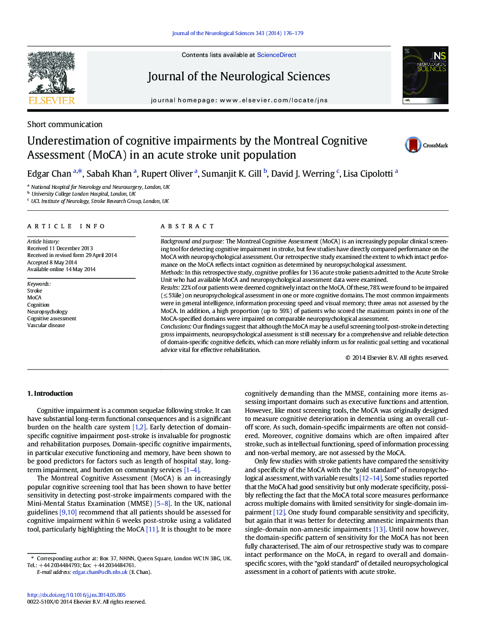 Underestimation of cognitive impairments by the Montreal Cognitive Assessment (MoCA) in an acute stroke unit population