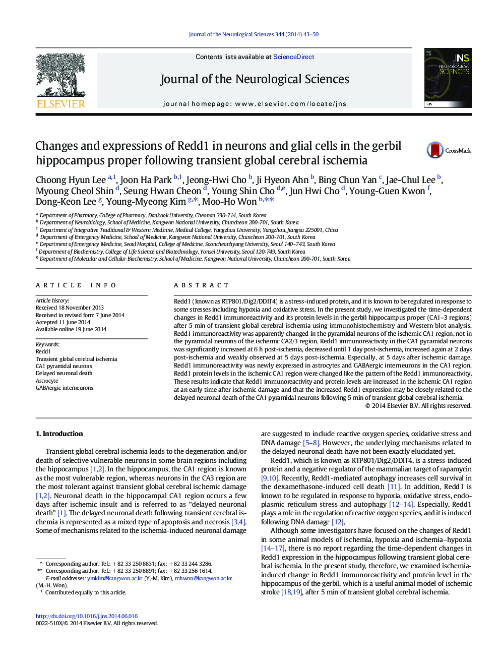 Changes and expressions of Redd1 in neurons and glial cells in the gerbil hippocampus proper following transient global cerebral ischemia